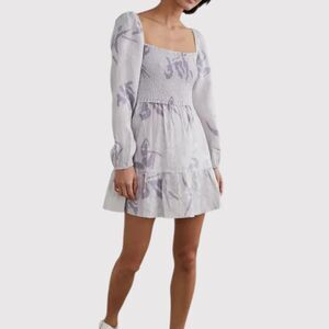 Aritzia Babaton Dress Gray Mini Floral Organic Linen Smocked Babydoll Boho Small